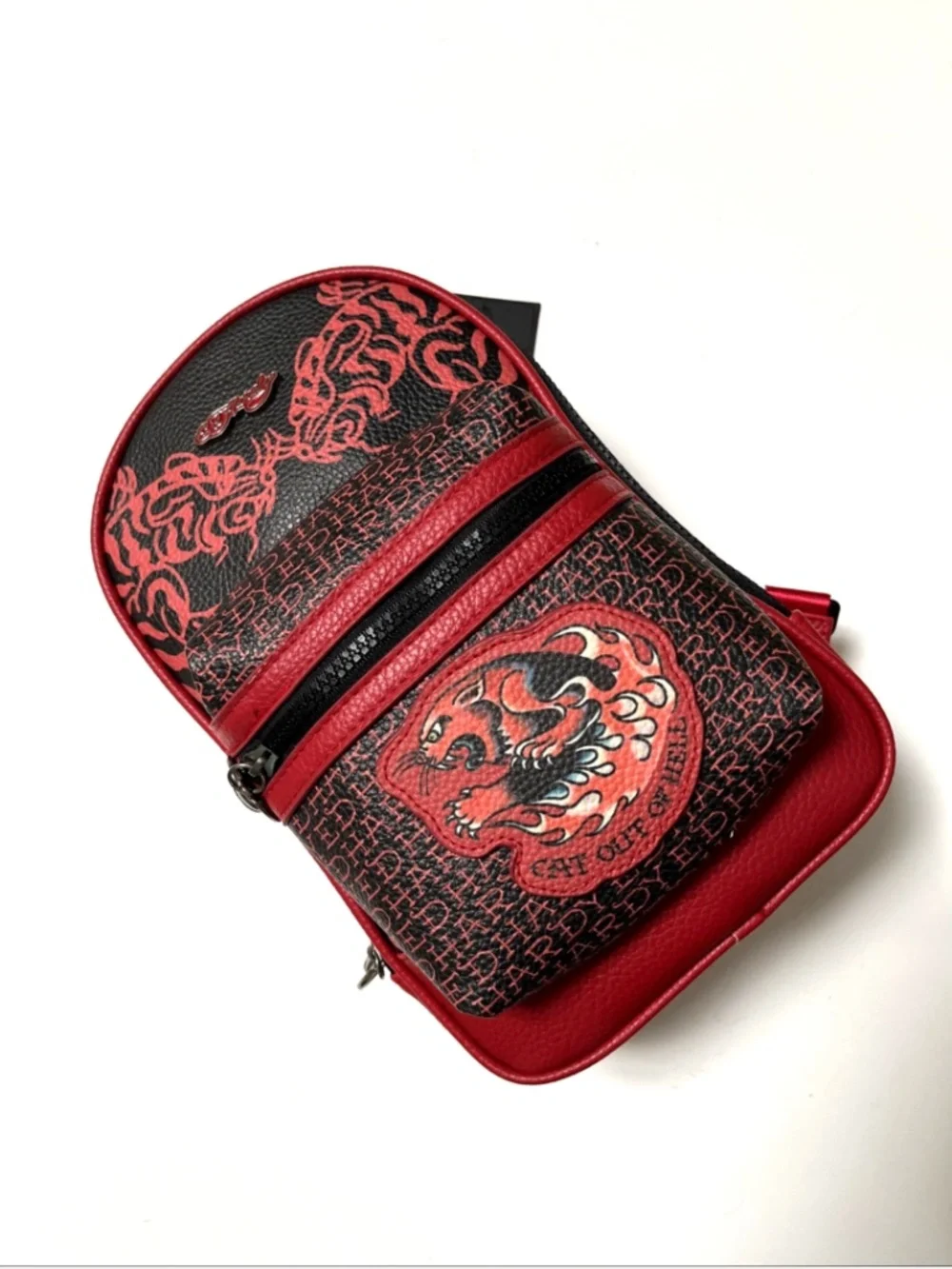 Ed Hardy Tiger Sling Backpack Crossbody Red Black Skull Zip Adjustable NWT